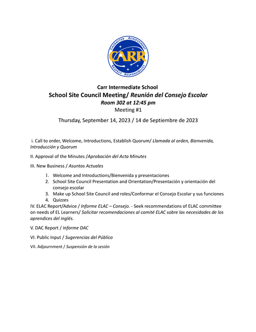 ssc carr intermediate school site council agenda september ssc